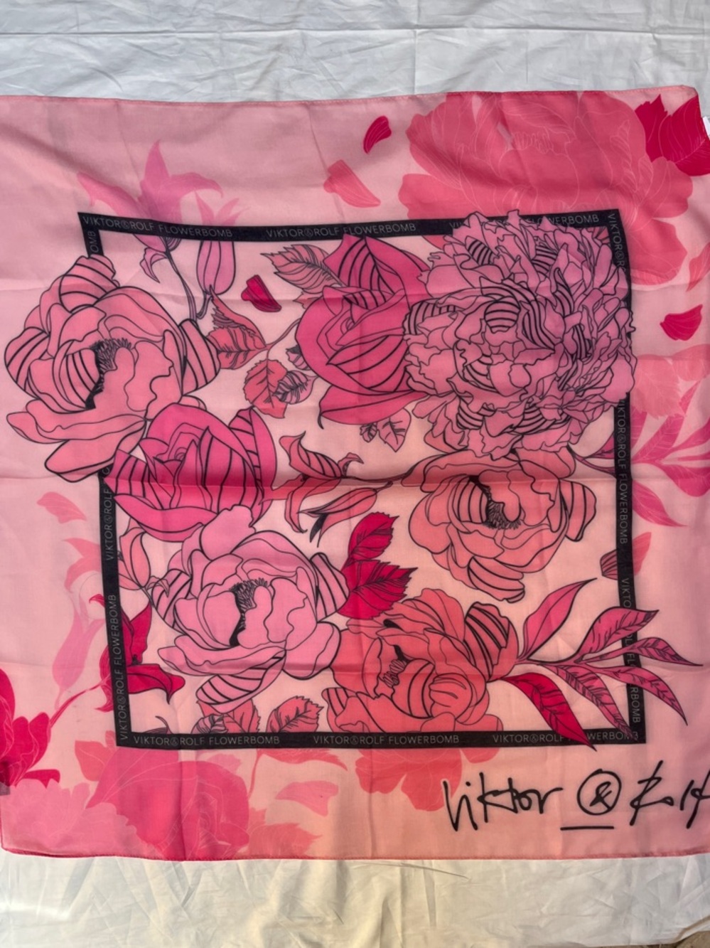 Viktor & Rolf Pink Floral Silk-Look Scarf with Peony Motif